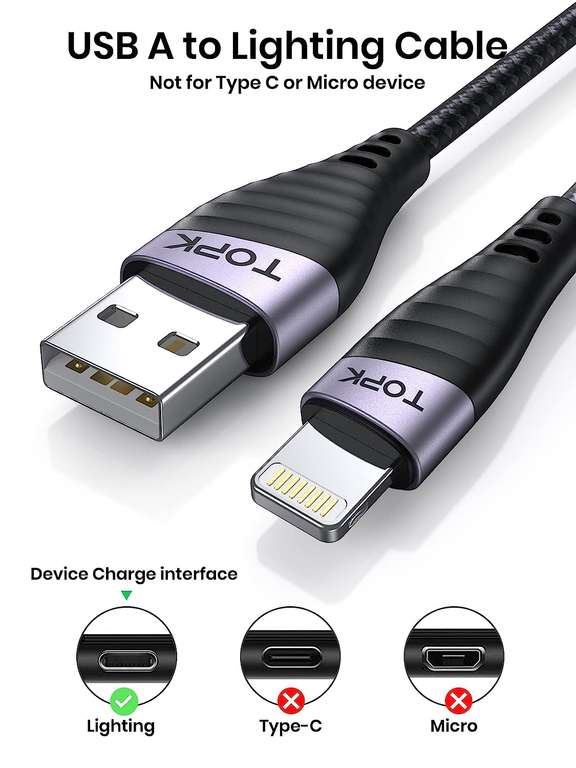 Kabel USB A do Lightning, TOPK Kabel do ładowania iPhone'a, 2 sztuki, 1,8 m/2 m, certyfikat MFi