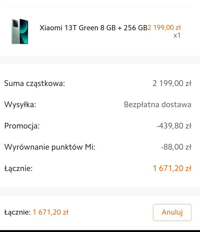 Smartfon Xiaomi 13T 8 GB + 256 GB (możliwe 1671,2zł)