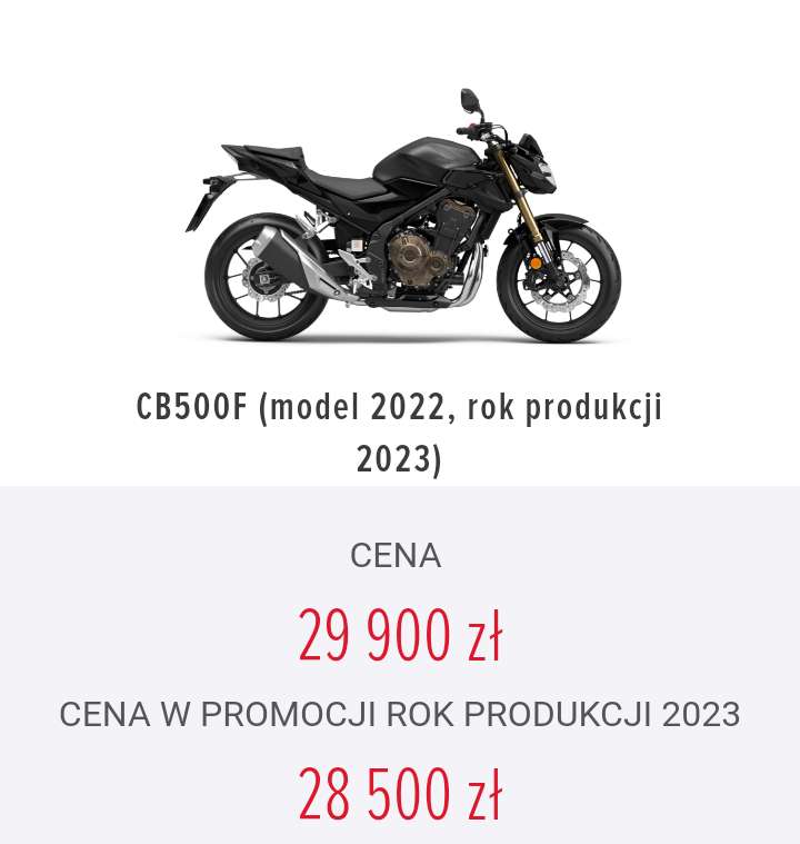 Motocykl Honda CB500F na kategorię A2 spalanie 3,5l/100km rocznik 2023