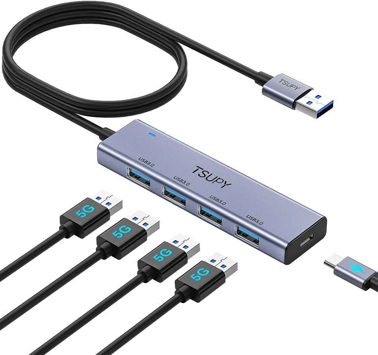 Koncentrator TSUPY USB 3.0, 120 cm, Aluminiowy z 4 portami USB 3.0, 5 Gb/s