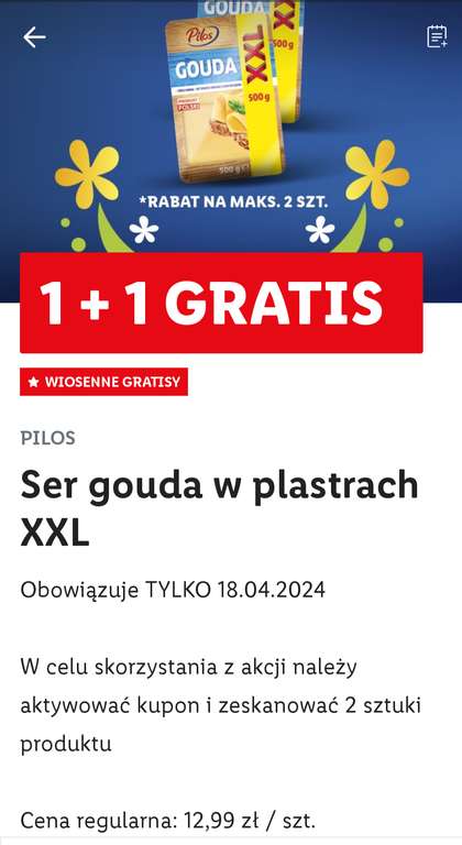 Ser Gouda w plastrach Pilos 500g 1+1 gratis @Lidl