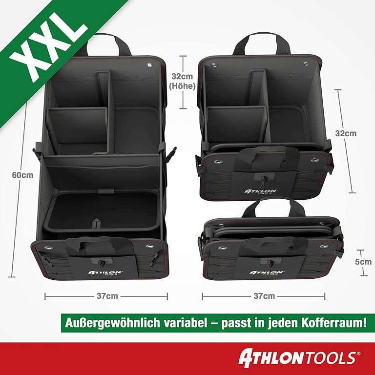 ATHLON TOOLS organizer do bagażnika premium z pokrywą – 60 litrów XXL – bardzo stabilne i wodoodporne z antypoślizgowym rzepem