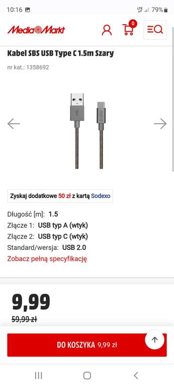 Kabel USB SBS Type C 1.5m oplot