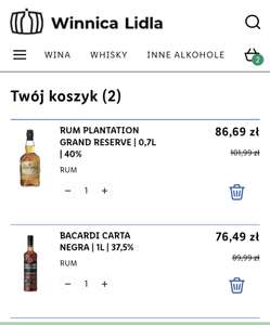 Rum w winnicy Lidla -15% np. Bacardi carta po 76.49 za litr