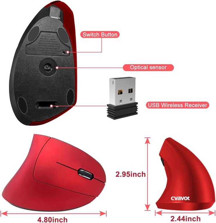 cvavot Ergonomiczna mysz bezprzewodowa, pionowa mysz optyczna z odbiornikiem USB, 6 przycisków, 2,4 GHz