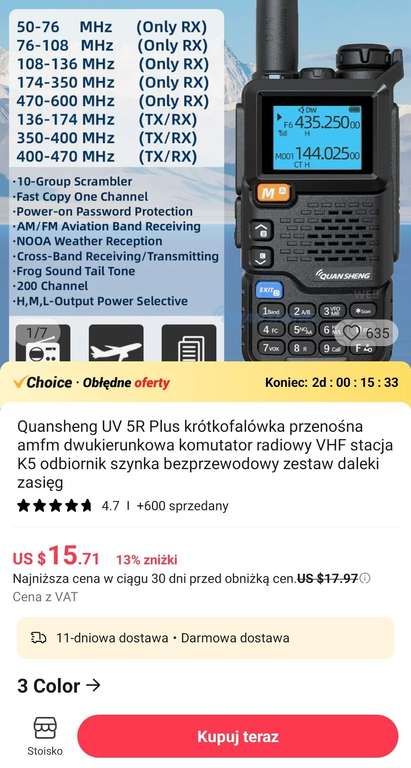 Quansheng UVK5 Plus walkie-talki, przenośny radiotelefon, krótkofalówka (15,71$)