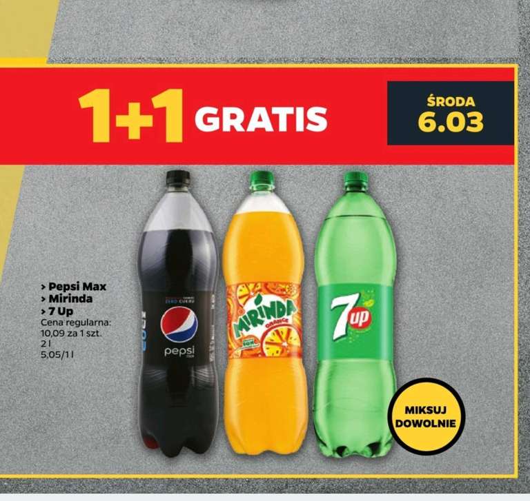 Pepsi Max, Mirinda, 7UP 2L sklep NETTO tylko w srodę 6.03.2024 1+1 gratis