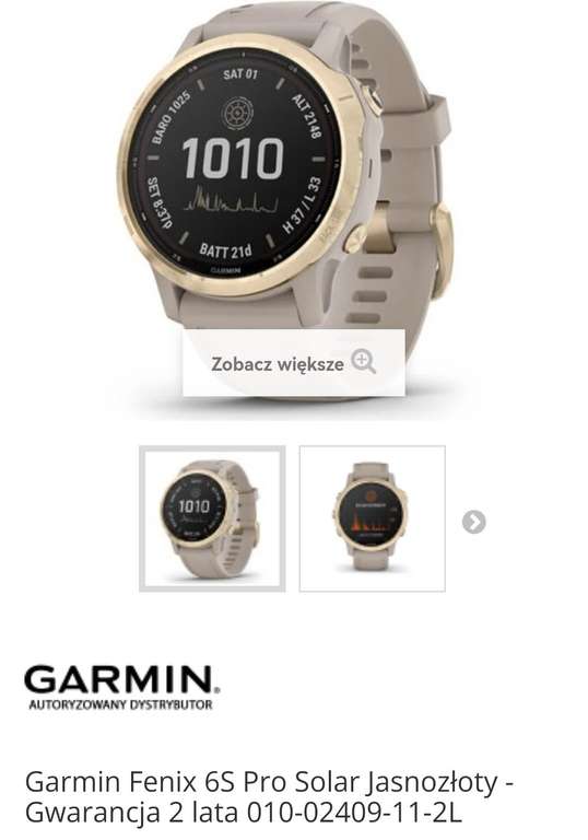 Zegarek sportowy Garmin Fenix 6S Pro Solar Jasnozłoty - Gwarancja 2 lata