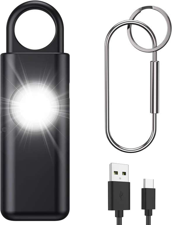 OQIMAX Alarm kieszonkowy, syrena 130 dB, z oświetleniem LED, breloczek do kluczy, ładowany przez USB, dla kobiet, dzieci, seniorów