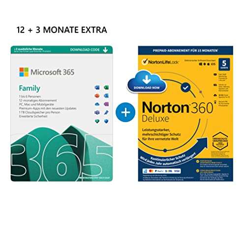 Microsoft 365 Family (6 użytkowników) 15 miesięcy + Norton 360 Deluxe 15 miesięcy albo McAfee Total Protection 15 miesięcy €54,99