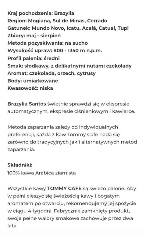 Świeżo palona Tommy cafe Kawa Brazylia Santos ziarnista 1kg @ InPost Fresh