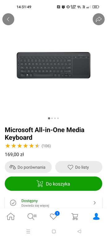 Klawiatura bezprzewodowa z touchpadem Microsoft All-in-One Media Keyboard
