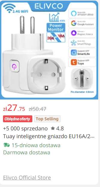 Tuay inteligentne gniazdo EU16A/20A z pomiarem prądu (cena $6.08)