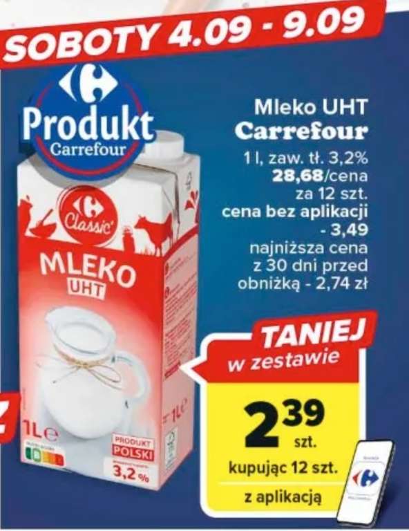 Mleko 3,2% 1L cena sztuki przy zakupie 12 @Carrefour