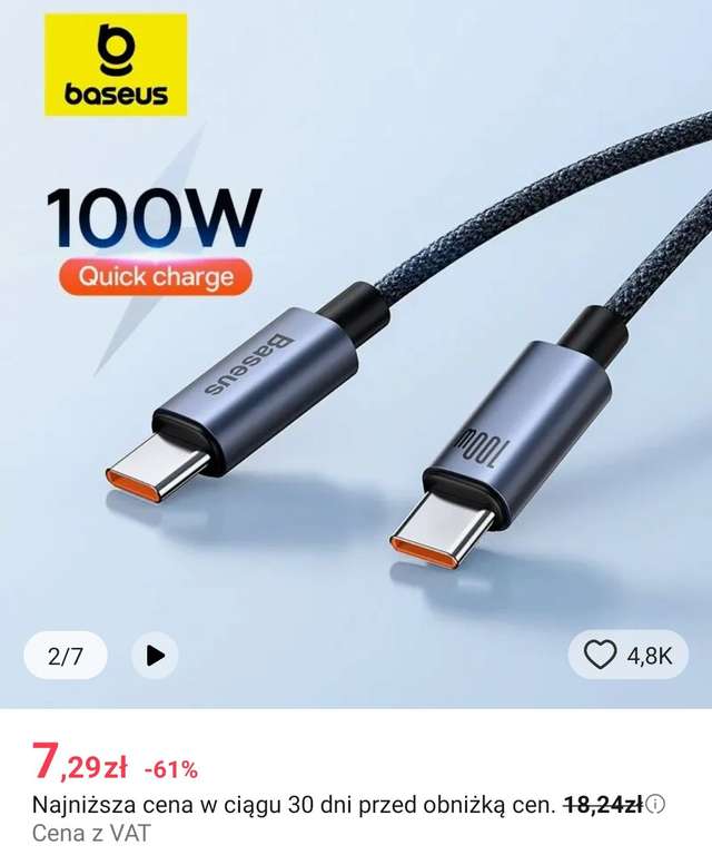 Kabel Baseus 100W 2x USB-C 1m czarny $2.43