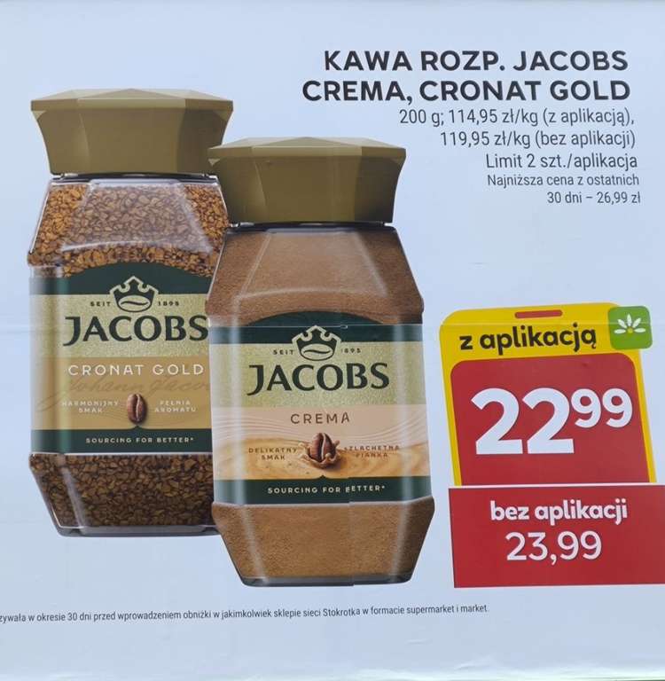 Kawa rozpuszczalna Jacobs cronat gold; crema (cena z aplikacją 22,99 zł.) Cena bez promocji 31,99zł. @stokrotka