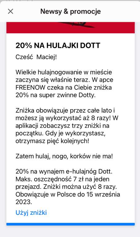 8*20% zniżki maks 7 PLN na Dott od Freenow.