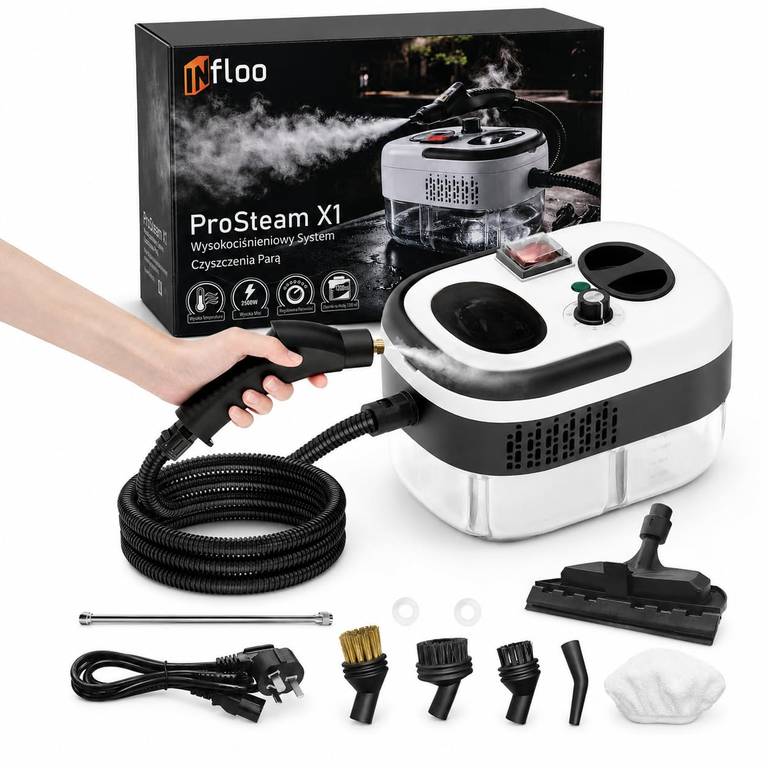 Myjka Parowa ProSteam X1 2500W, Parownica do Podłóg, Okien, Łazienki, Kuchni, Fug i Tapicerki, 4,5 bar, 6 Poziomów Pary