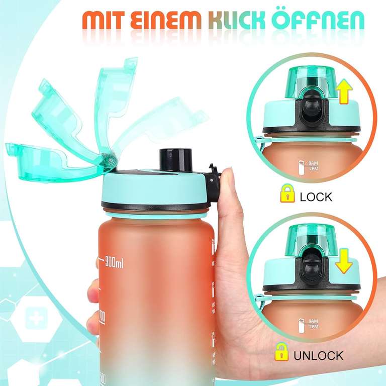 Sportowa butelka na wodę bez BPA, z filtrem i miarką, otwierana na przycisk, 1L