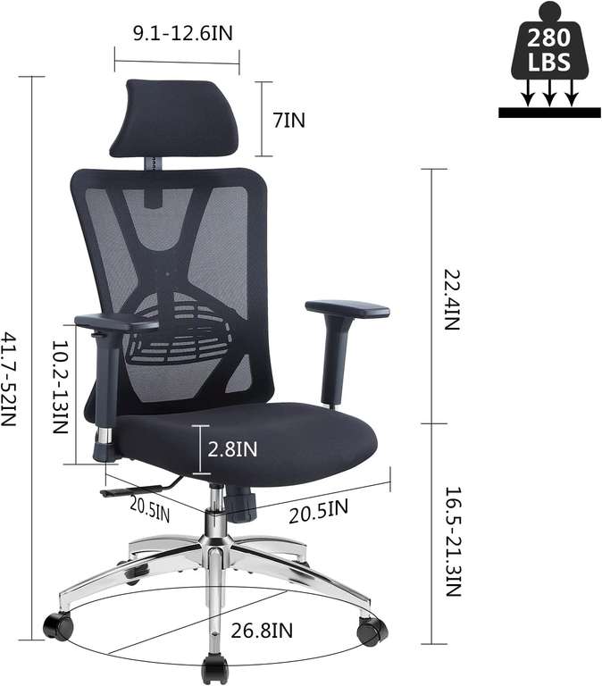 Ergonomiczne krzesło biurowe Ticova, regulowane podparcie odcinka lędźwiowego
