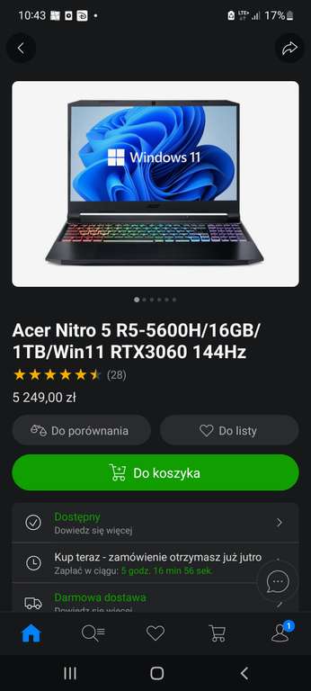 Laptop Acer Nitro 5 R5-5600H/16GB/1TB/Win11 RTX3060 144Hz