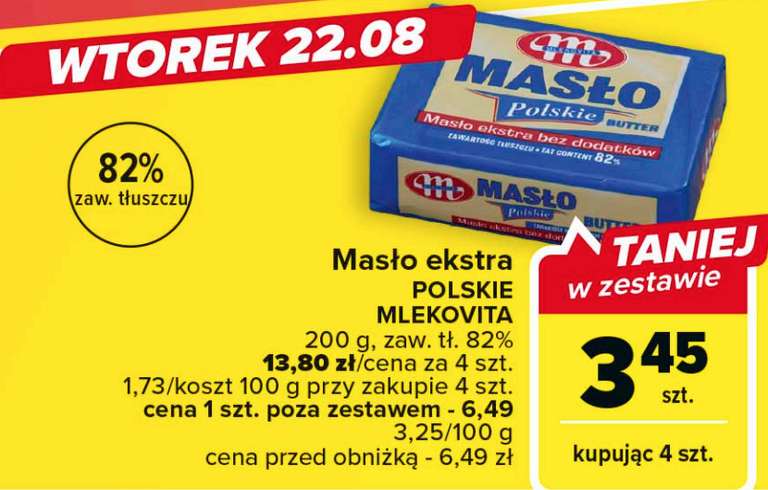 Masło Polskie Mlekovita 200g 82% cena 1 kostki przy zakupie 4 @Carrefour