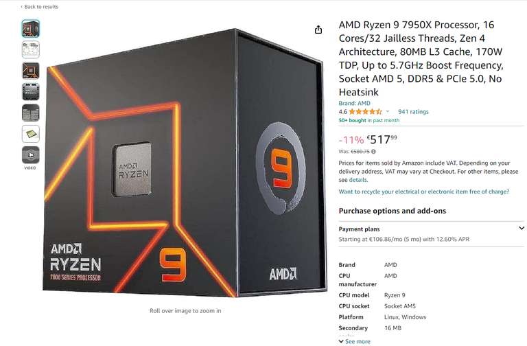 Procesor AMD Ryzen 9 7950X - 535.4€