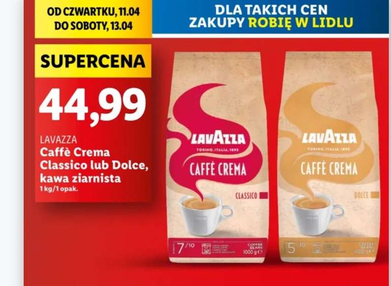 Lidl kawa Lavazza ziarnista 1 kg Caffe Crema Classico lub Dolce