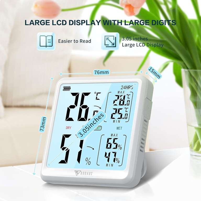 DOQAUS Cyfrowy Termometr Wewnętrzny, Higrometr z Dużym Ekranem LCD, Szybka Reakcja na Pomiar Temperatury - 3s, Min./Max | Ładowanie USB-C