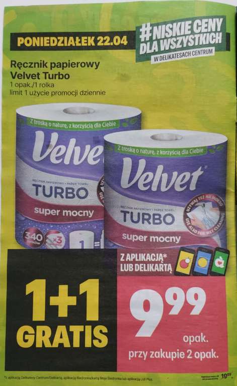 Ręcznik papierowy Velvet Turbo w cenie 9,99 szt. przy zakupie 2 @Delikatesy Centrum