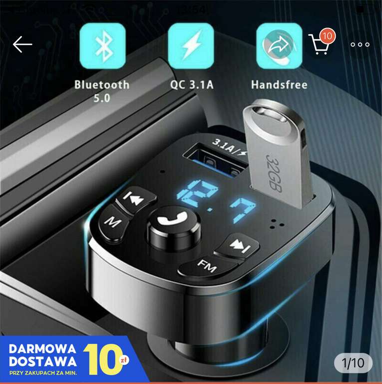 Bluetooth transmiter FM plus ladowarka USB pod gniazdo 12V