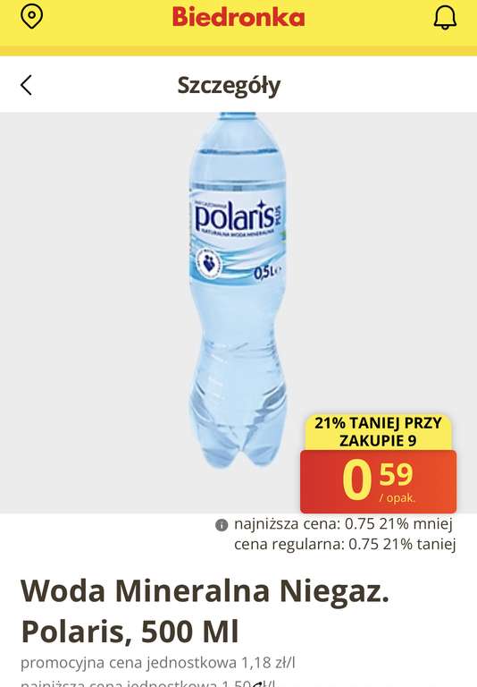Woda Mineralna Polaris 0,59zl przy zakupie 9szt Biedronka