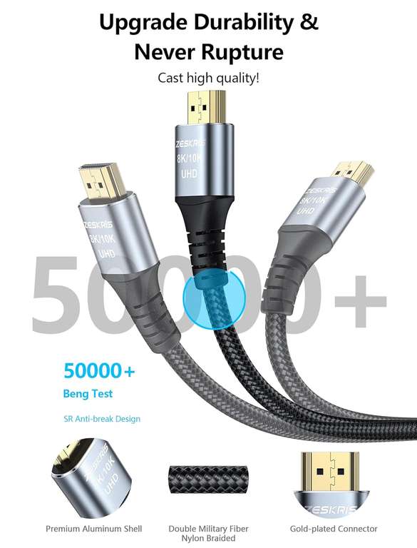Kabel HDMI 2.1 (1m), pleciony przewód 8K 48Gbps Ultra High Speed, 4K@120Hz 144Hz 8K@60Hz eARC HDR 10 HDCP 2.2 2.3 do najnowszych urządzeń