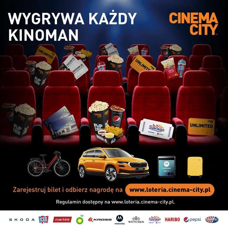 Loteria Cinema City (Darmowe bilety, popcorn itd) Unlimited 10 losów.