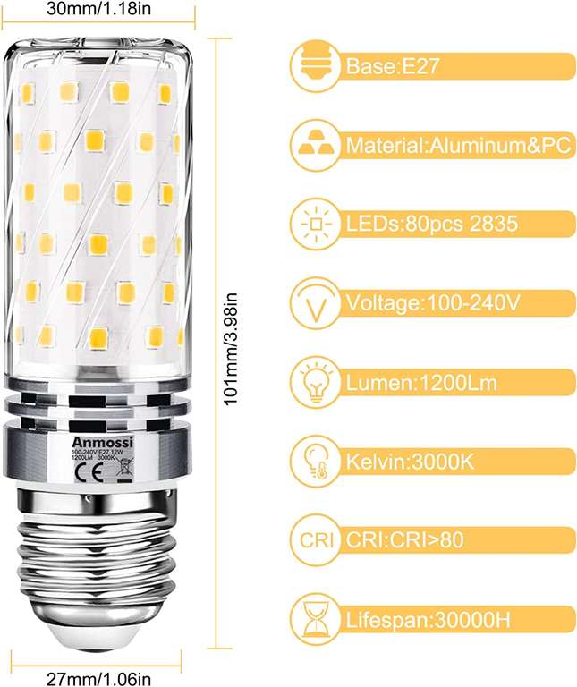 Żarówki LED Anmossi E27 12W, odpowiednik żarowych 100W, 6000K Zimna, 1200Lm, opakowanie 4 szt.