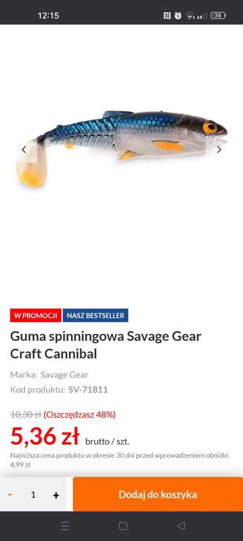 Duże promocje na akcesoria wędkarskie. Przykładowo guma Savage Gear Craft Cannibal 10,5cm