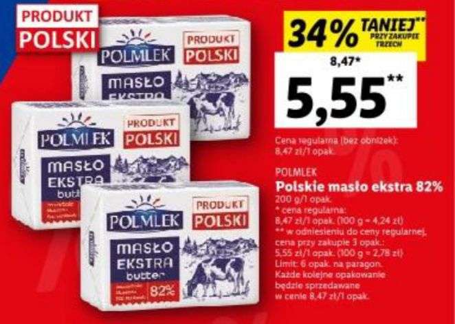 Masło ekstra Polmlek 82% tł. 200g przy zakupie 3 szt. Lidl