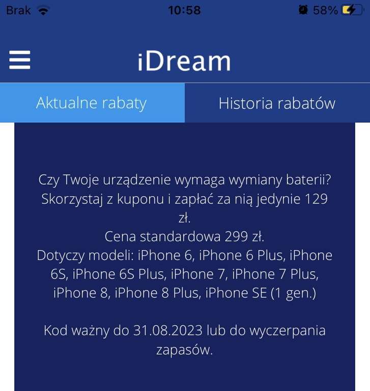iDream - Wymiana baterii Iphone 6,7,8 oraz SE gen1 za 129 zł