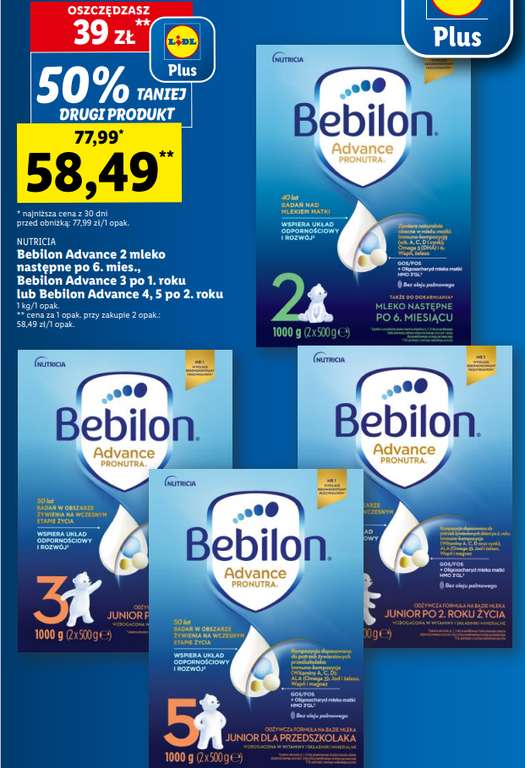 Mleko modyfikowane Bebilon Advance - 1000g za 58,49 zł/opakowanie przy zakupie 2 w LIDL