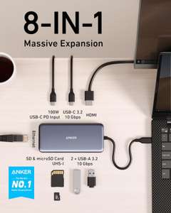 Anker Adapter USB hub 8 w 1 - 2x USB-C, 2x USB-A100, HDMI 4K, Ethernet, micro SD i SD, PD 100W