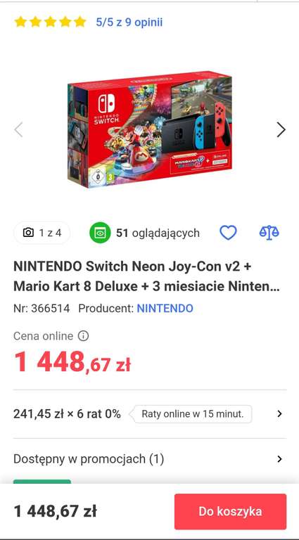Nintendo Switch v2 + Mario Kart 8 Deluxe i 90 dni nintendo online w znakomitej cenie 1448 zł w Neonet i na allegro +12 monet w aplikacji.