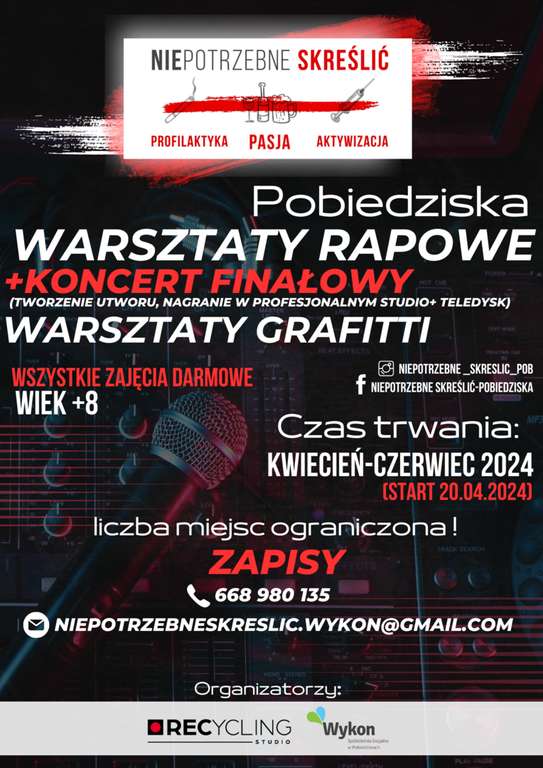 Bezpłatne warsztaty grafitti + warsztaty rapowe: tworzenie utworu nagranie teledysku w studiu w POK Pobiedziska