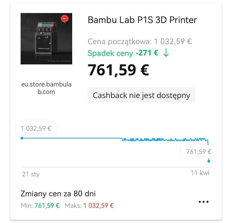 Drukarka 3D Bambu Lab P1S - 749 euro wersja Combo z ams 999 euro