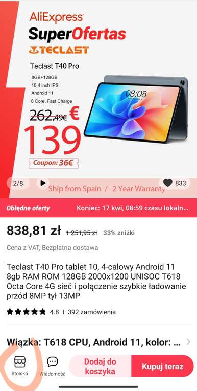 Teclast T40 Pro tablet 10, 4-calowy Android 11 8gb RAM ROM 128GB 2000x1200 UNISOC T618 Octa Core LTE (153$)