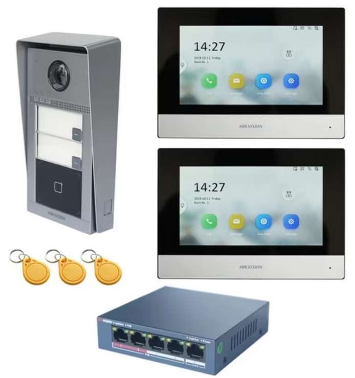 Oryginalny zestaw wideodomofon POE 802.3af HIKVISION, zawierający DS-KV8113-WME1(C), DS-KH6320-WTE1 i przełącznik PoE (415$)