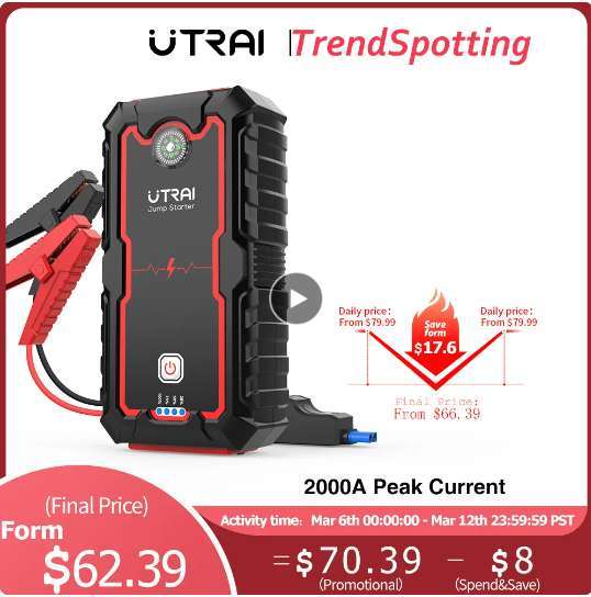 Urządzenie rozruchowe UTRAI 2000A Jump Starter PowerBank 59.2Wh / 16000mAh | $51 | Wysyłka z PL @ Aliexpress