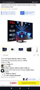 Telewizor TCL 55C735 55" QLED 4K 144Hz Google TV Dolby Atmos Dolby Vision (możliwe 2519 zł - raty 0%)