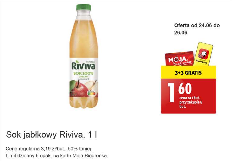 Riviva Sok jabłkowy 100 % 1 l butelka cena przy zakupie 6 butelek @Biedronka