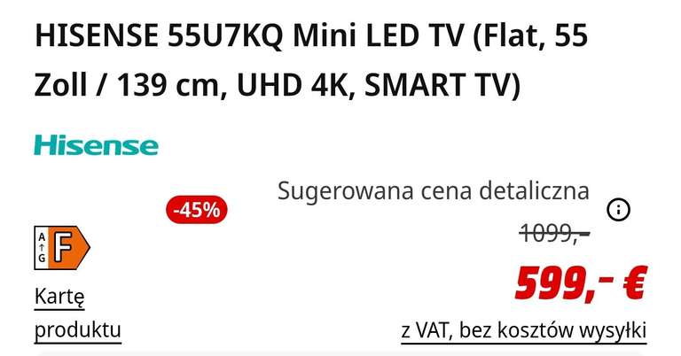 Telewizor Hisense 55U7KQ Miniled | 599€
