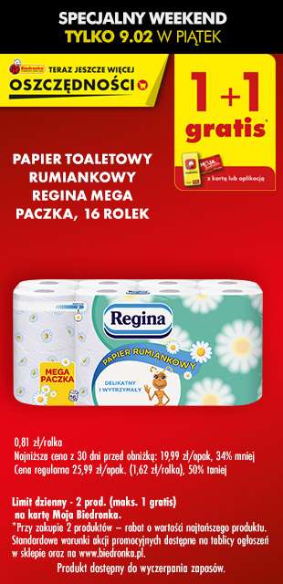 Papier toaletowy Regina 16 rolek Mega Paczka 1+1 gratis @Biedronka